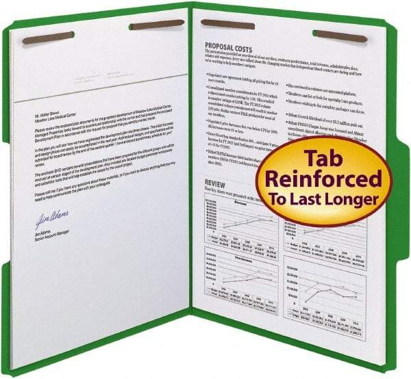 SMEAD - 8-1/2 x 11", Letter Size, Green, File Folders with Top Tab - 11 Point Stock, Assorted Tab Cut Location - Exact Tool & Supply