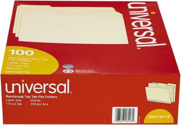 UNIVERSAL - 8-1/2 x 11", Letter Size, Manila, File Folders with Top Tab - 11 Point Stock, Assorted Tab Cut Location - Exact Tool & Supply