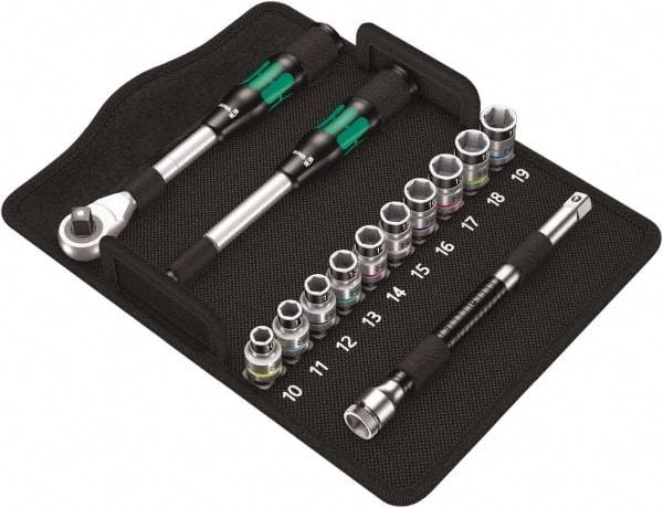 Wera - 13 Piece 1/2" Drive Thin Wall Standard Socket Set - 6 Points, 10 to 19mm, Metric Measurement Standard - Exact Tool & Supply