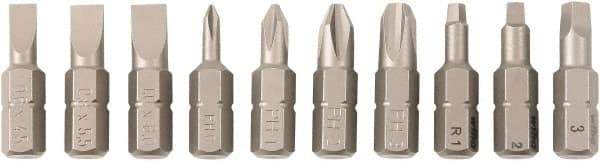 Wiha - 10 Piece, 1/4" Drive Screwdriver Insert Bit Set - #0 to #3 Phillips, #1 to #3 Square Recess, 4.5, 5.5 & 6mm Slotted - Exact Tool & Supply