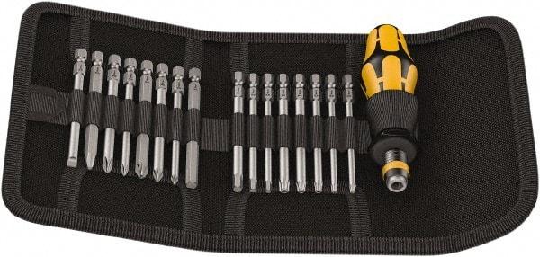 Wera - 17 Piece, 1/4" Drive Screwdriver Bit Set - #1, #2 & #3 Phillips, 3 to 6mm Hex, #1, #2 & #3 Pozidriv, 1.0x5.5mm Slotted - Exact Tool & Supply