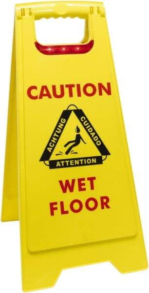 O-Cedar - Caution - Cuidado - Wet Floor - Piso Mojado, 12" Wide x 25" High, Plastic Floor Sign - English/Spanish, A-Frame, Red & Black on Yellow, For Accident Prevention - Exact Tool & Supply