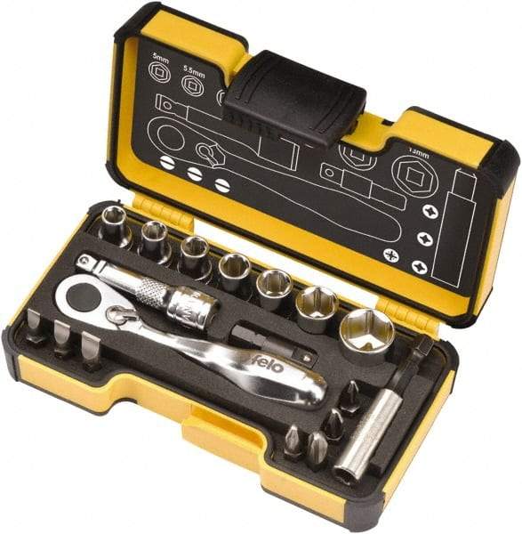 Felo - 18 Piece, 1/4" Drive Screwdriver Mini-Ratchet Bit Kit - #1 to #3 Phillips, 3/16, 1/4 & 9/32" Slotted - Exact Tool & Supply