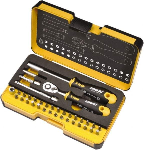 Felo - 36 Piece, 1/4" Drive Screwdriver Mini-Ratchet Bit Kit - #0 to #3 Phillips, 2 to 6mm Hex, T5 to T40 Torx, #1, #2 & #3 Pozidriv, 1/8, 5/32, 3/16, 7/32, 1/4 & 9/32" Slotted - Exact Tool & Supply