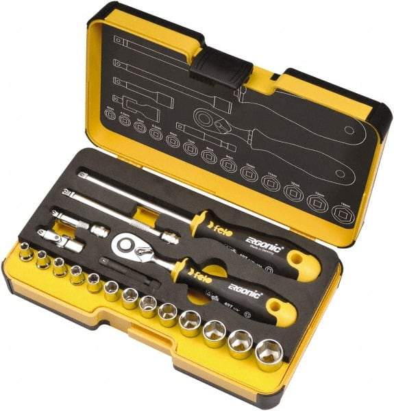 Felo - 19 Piece 1/4" Drive Chrome Finish Socket Set - 6 Points, 1/8" to 9/16" Range, Inch Measurement Standard - Exact Tool & Supply