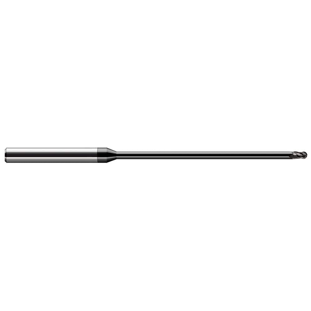 Ball End Mill: 0.02″ Dia, 0.03″ LOC, 3 Flute, Solid Carbide 2-1/2″ OAL, 1/8″ Shank Dia, 30 ° Helix, Amorphous Diamond Coated