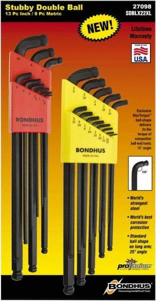Bondhus - 22 Piece, L-Wrench Ball End Hex Key Set - 0.05 to 3/8" Range, 3.16" OAL, - Exact Tool & Supply