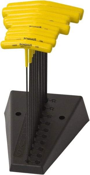 Bondhus - 10 Piece, T-Handle Cushion Grip Hex Key Set - 3/32 to 3/8" Range, 9" OAL, Protanium High Torque Steel - Exact Tool & Supply