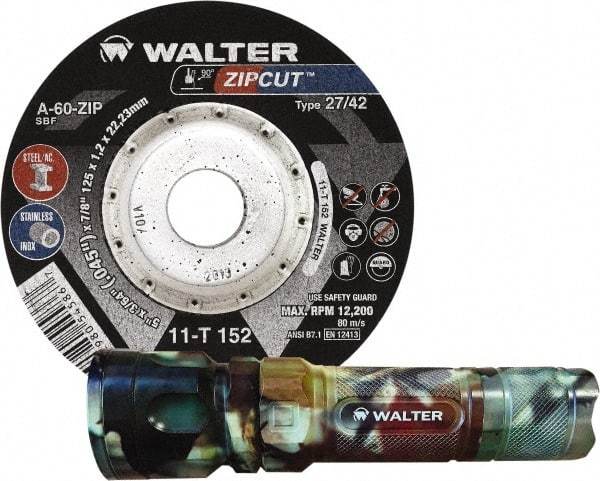 WALTER Surface Technologies - 60 Grit, 4-1/2" Wheel Diam, 3/64" Wheel Thickness, 7/8" Arbor Hole, Type 27 Depressed Center Wheel - Coarse Grade, Aluminum Oxide, Resinoid Bond, 13,300 Max RPM, Compatible with Angle Grinder - Exact Tool & Supply
