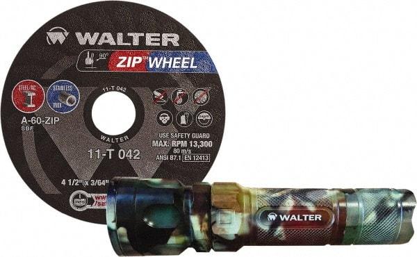 WALTER Surface Technologies - 4-1/2" 60 Grit Aluminum Oxide Cutoff Wheel - 3/64" Thick, 7/8" Arbor, 13,300 Max RPM, Use with Angle Grinders - Exact Tool & Supply