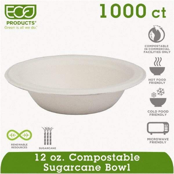 ECO PRODUCTS - Renewable & Compostable Sugarcane Bowls - 12 oz, 50/PK, 20 PK/CT - White - Exact Tool & Supply