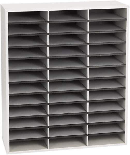 FELLOWES - 29" Wide x 11-7/8" Deep x 34-11/16" High, 36 Compartments, Corrugated Fiberboard & Laminated Literature Organizer - Dove Gray, 9" Compartment Width x 2-1/2" Compartment Depth x 11" Compartment Height - Exact Tool & Supply