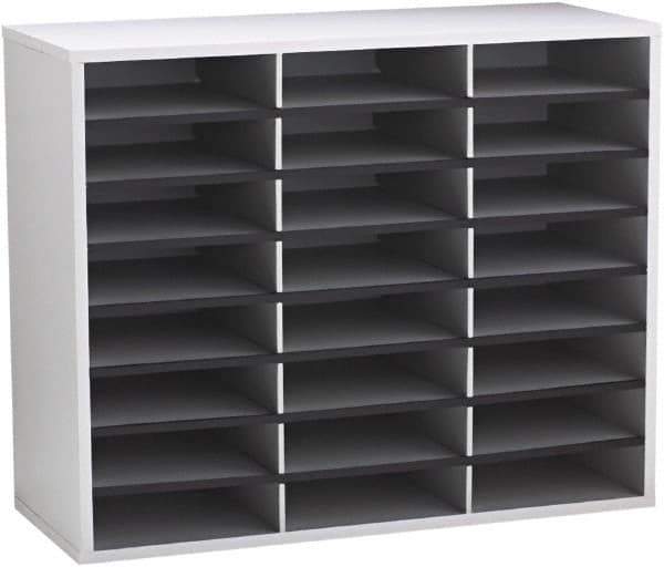 FELLOWES - 29" Wide x 11-7/8" Deep x 23-7/16" High, 24 Compartments, Corrugated Fiberboard & Laminated Literature Organizer - Dove Gray, 9" Compartment Width x 2-1/2" Compartment Depth x 11" Compartment Height - Exact Tool & Supply
