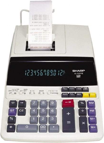 Sharp - Fluorescent Printing Calculator - 8-5/8 x 12-7/8 Display Size, White, AC Powered, 3.9" Long x 9.7" Wide - Exact Tool & Supply