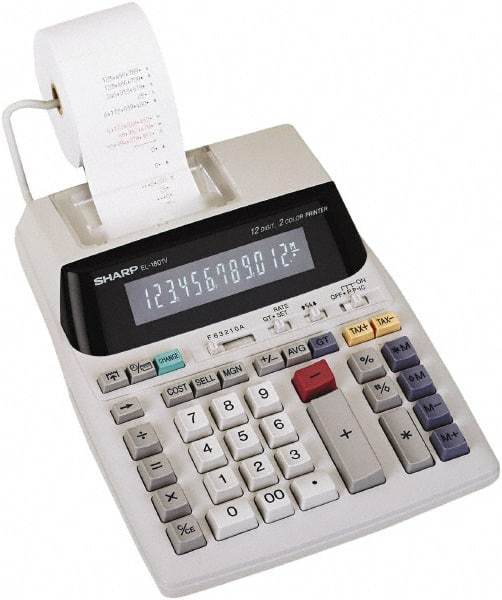 Sharp - Fluorescent Printing Calculator - 7-5/8 x 10-1/8 Display Size, Light Gray, AC Powered, 3-7/16" Long x 8-3/8" Wide - Exact Tool & Supply