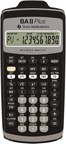 Texas Instruments - LCD Financial Calculator - 3 x 6 Display Size, Black, Battery Powered, 2.4" Long x 6-1/2" Wide - Exact Tool & Supply