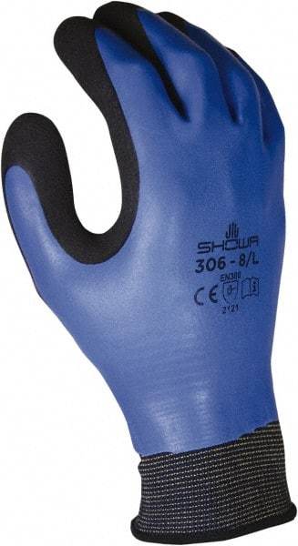 SHOWA - Size L (8-9) Latex Coated Nylon Blend Work Gloves - For General Purpose, Palm & Back Coated, Knit Wrist Cuff, Full Fingered, Black/Blue, Paired - Exact Tool & Supply