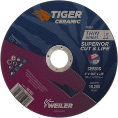 Weiler - 6" 60 Grit Ceramic Cutoff Wheel - 0.045" Thick, 7/8" Arbor, 10,200 Max RPM, Use with Angle Grinders - Exact Tool & Supply
