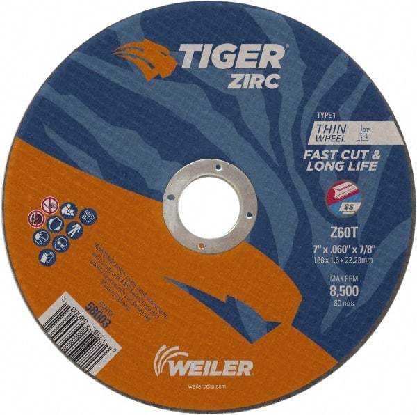 Weiler - 7" 60 Grit Zirconia Alumina Cutoff Wheel - 0.06" Thick, 7/8" Arbor, 8,500 Max RPM, Use with Angle Grinders - Exact Tool & Supply