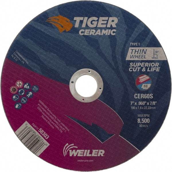 Weiler - 7" 60 Grit Ceramic Cutoff Wheel - 0.06" Thick, 7/8" Arbor, 8,500 Max RPM, Use with Angle Grinders - Exact Tool & Supply