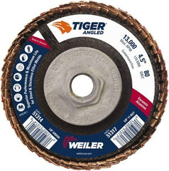 Weiler - 80 Grit, 4-1/2" Disc Diam, 5/8-11 Center Hole, Type 27 Ceramic Alumina Flap Disc - 13,000 Max RPM, Phenolic Backing, Arbor Attaching System, Coated - Exact Tool & Supply