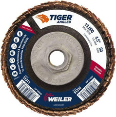Weiler - 40 Grit, 4-1/2" Disc Diam, 5/8-11 Center Hole, Type 27 Ceramic Alumina Flap Disc - 13,000 Max RPM, Phenolic Backing, Arbor Attaching System, Coated - Exact Tool & Supply