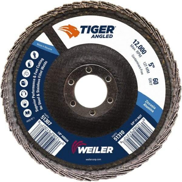 Weiler - 60 Grit, 5" Disc Diam, 7/8" Center Hole, Type 27 Zirconia Alumina Flap Disc - 12,000 Max RPM, Phenolic Backing, Quick Change Type S Attaching System, Coated - Exact Tool & Supply