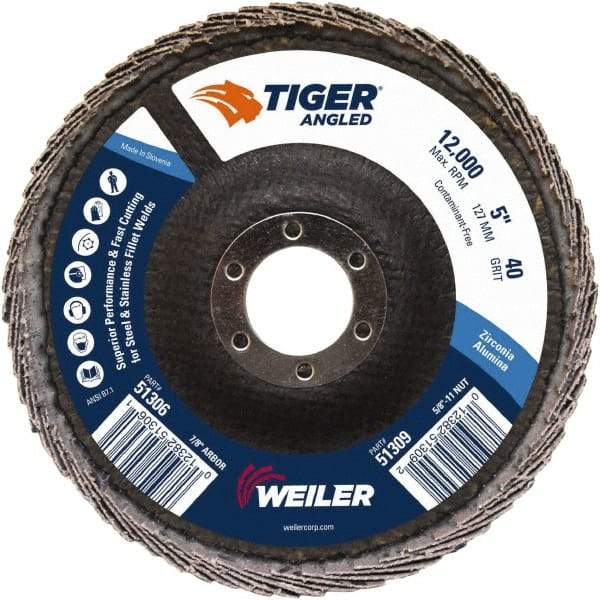 Weiler - 40 Grit, 5" Disc Diam, 7/8" Center Hole, Type 27 Zirconia Alumina Flap Disc - 12,000 Max RPM, Phenolic Backing, Arbor Attaching System, Coated - Exact Tool & Supply