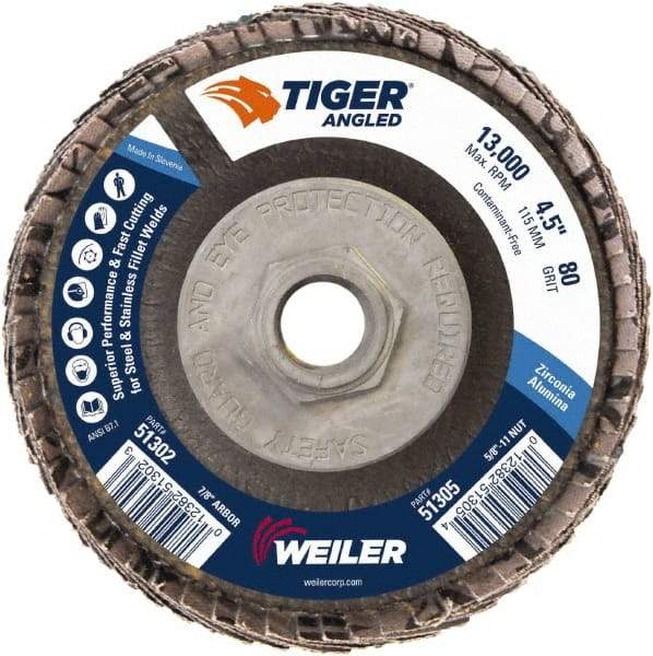 Weiler - 80 Grit, 4-1/2" Disc Diam, 5/8-11 Center Hole, Type 27 Zirconia Alumina Flap Disc - 13,000 Max RPM, Phenolic Backing, Arbor Attaching System, Coated - Exact Tool & Supply