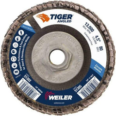 Weiler - 80 Grit, 4-1/2" Disc Diam, 5/8-11 Center Hole, Type 27 Zirconia Alumina Flap Disc - 13,000 Max RPM, Phenolic Backing, Arbor Attaching System, Coated - Exact Tool & Supply