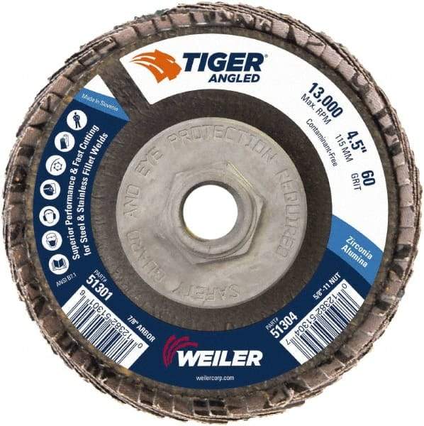 Weiler - 60 Grit, 4-1/2" Disc Diam, 5/8-11 Center Hole, Type 27 Zirconia Alumina Flap Disc - 13,000 Max RPM, Phenolic Backing, Arbor Attaching System, Coated - Exact Tool & Supply