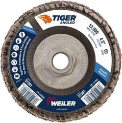 Weiler - 60 Grit, 4-1/2" Disc Diam, 5/8-11 Center Hole, Type 27 Zirconia Alumina Flap Disc - 13,000 Max RPM, Phenolic Backing, Arbor Attaching System, Coated - Exact Tool & Supply