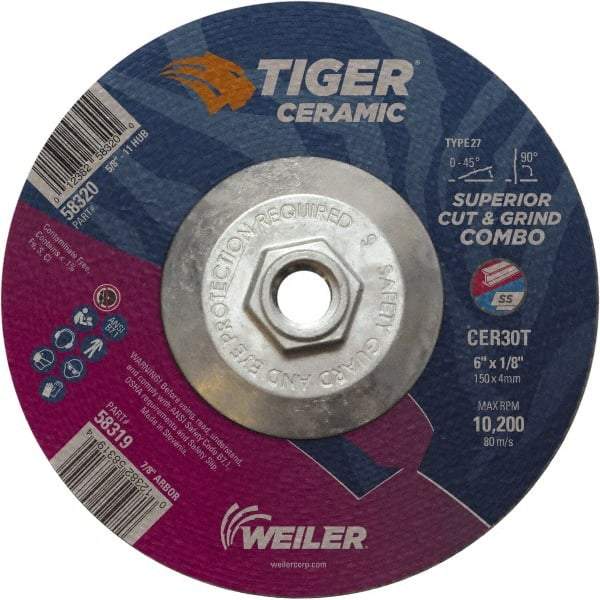 Weiler - 30 Grit, 6" Wheel Diam, Type 27 Depressed Center Wheel - Hard Grade, Ceramic, T Hardness, 10,200 Max RPM - Exact Tool & Supply