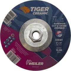Weiler - 30 Grit, 6" Wheel Diam, Type 27 Depressed Center Wheel - Hard Grade, Ceramic, T Hardness, 10,200 Max RPM - Exact Tool & Supply
