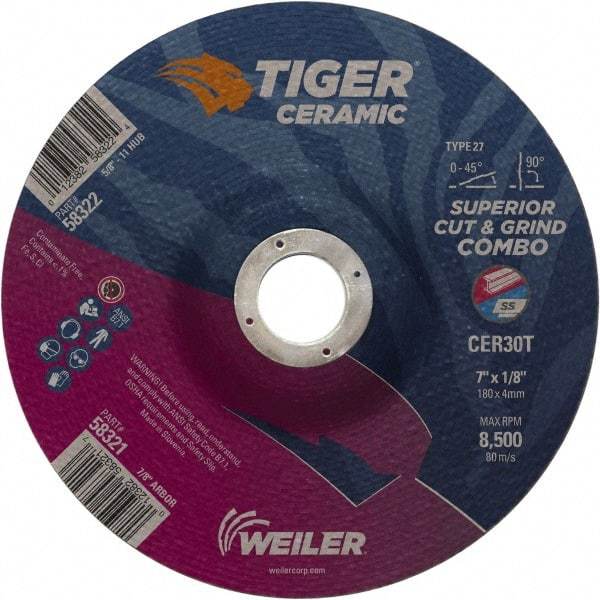 Weiler - 30 Grit, 7" Wheel Diam, 7/8" Arbor Hole, Type 27 Depressed Center Wheel - Hard Grade, Ceramic, T Hardness, 8,500 Max RPM - Exact Tool & Supply