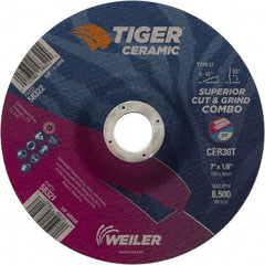 Weiler - 30 Grit, 7" Wheel Diam, 7/8" Arbor Hole, Type 27 Depressed Center Wheel - Hard Grade, Ceramic, T Hardness, 8,500 Max RPM - Exact Tool & Supply