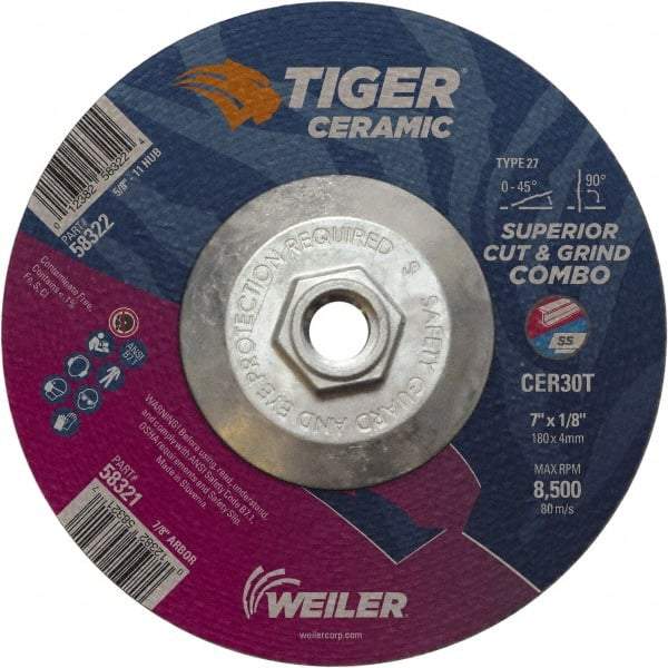 Weiler - 30 Grit, 7" Wheel Diam, Type 27 Depressed Center Wheel - Hard Grade, Ceramic, T Hardness, 8,500 Max RPM - Exact Tool & Supply