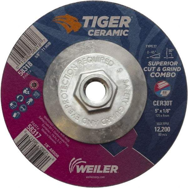 Weiler - 30 Grit, 5" Wheel Diam, Type 27 Depressed Center Wheel - Hard Grade, Ceramic, T Hardness, 12,200 Max RPM - Exact Tool & Supply