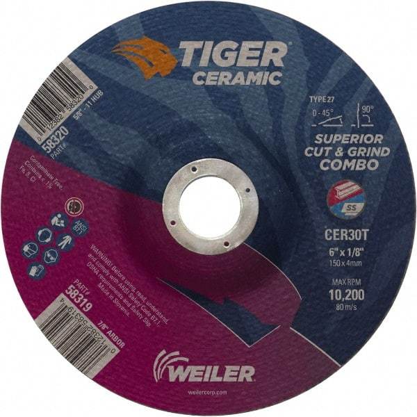 Weiler - 30 Grit, 6" Wheel Diam, 7/8" Arbor Hole, Type 27 Depressed Center Wheel - Hard Grade, Ceramic, T Hardness, 10,200 Max RPM - Exact Tool & Supply