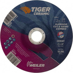 Weiler - 30 Grit, 6" Wheel Diam, 7/8" Arbor Hole, Type 27 Depressed Center Wheel - Hard Grade, Ceramic, T Hardness, 10,200 Max RPM - Exact Tool & Supply