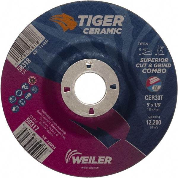 Weiler - 30 Grit, 5" Wheel Diam, 7/8" Arbor Hole, Type 27 Depressed Center Wheel - Hard Grade, Ceramic, T Hardness, 12,200 Max RPM - Exact Tool & Supply