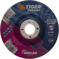 Weiler - 30 Grit, 5" Wheel Diam, 7/8" Arbor Hole, Type 27 Depressed Center Wheel - Hard Grade, Ceramic, T Hardness, 12,200 Max RPM - Exact Tool & Supply