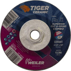 Weiler - 30 Grit, 4-1/2" Wheel Diam, Type 27 Depressed Center Wheel - Hard Grade, Ceramic, T Hardness, 13,300 Max RPM - Exact Tool & Supply