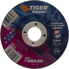 Weiler - 30 Grit, 4-1/2" Wheel Diam, 7/8" Arbor Hole, Type 27 Depressed Center Wheel - Hard Grade, Ceramic, T Hardness, 13,300 Max RPM - Exact Tool & Supply