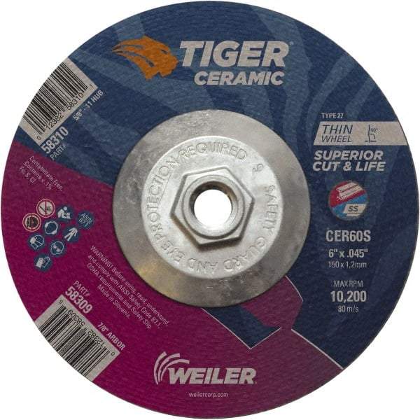 Weiler - 60 Grit, 6" Wheel Diam, Type 27 Depressed Center Wheel - Medium Grade, Ceramic, S Hardness, 10,200 Max RPM - Exact Tool & Supply
