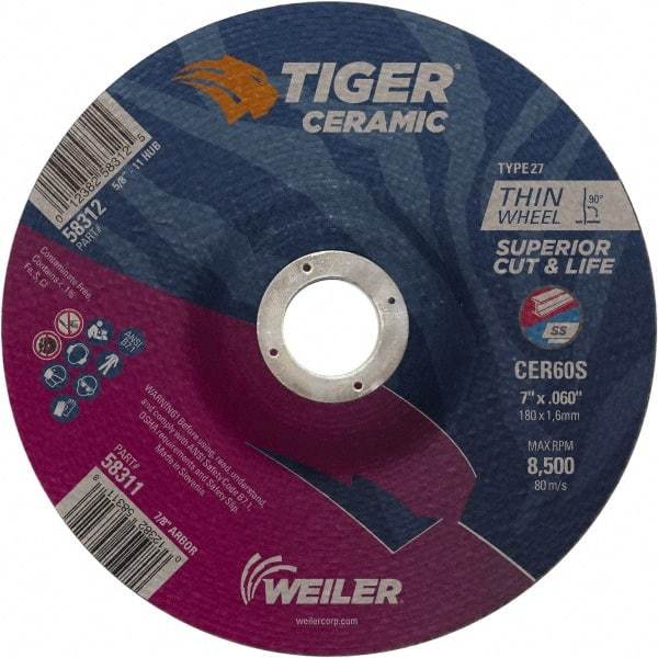Weiler - 60 Grit, 7" Wheel Diam, 7/8" Arbor Hole, Type 27 Depressed Center Wheel - Medium Grade, Ceramic, S Hardness, 8,500 Max RPM - Exact Tool & Supply