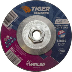 Weiler - 60 Grit, 5" Wheel Diam, Type 27 Depressed Center Wheel - Medium Grade, Ceramic, S Hardness, 12,200 Max RPM - Exact Tool & Supply