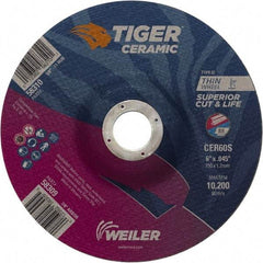 Weiler - 60 Grit, 6" Wheel Diam, 7/8" Arbor Hole, Type 27 Depressed Center Wheel - Medium Grade, Ceramic, S Hardness, 10,200 Max RPM - Exact Tool & Supply