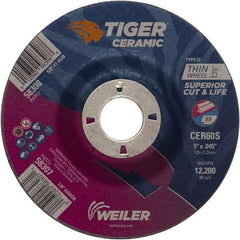 Weiler - 60 Grit, 5" Wheel Diam, 7/8" Arbor Hole, Type 27 Depressed Center Wheel - Medium Grade, Ceramic, S Hardness, 12,200 Max RPM - Exact Tool & Supply