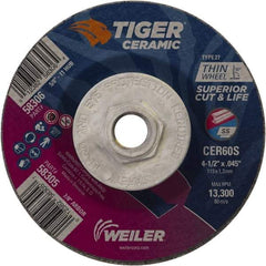 Weiler - 60 Grit, 4-1/2" Wheel Diam, Type 27 Depressed Center Wheel - Medium Grade, Ceramic, S Hardness, 13,300 Max RPM - Exact Tool & Supply
